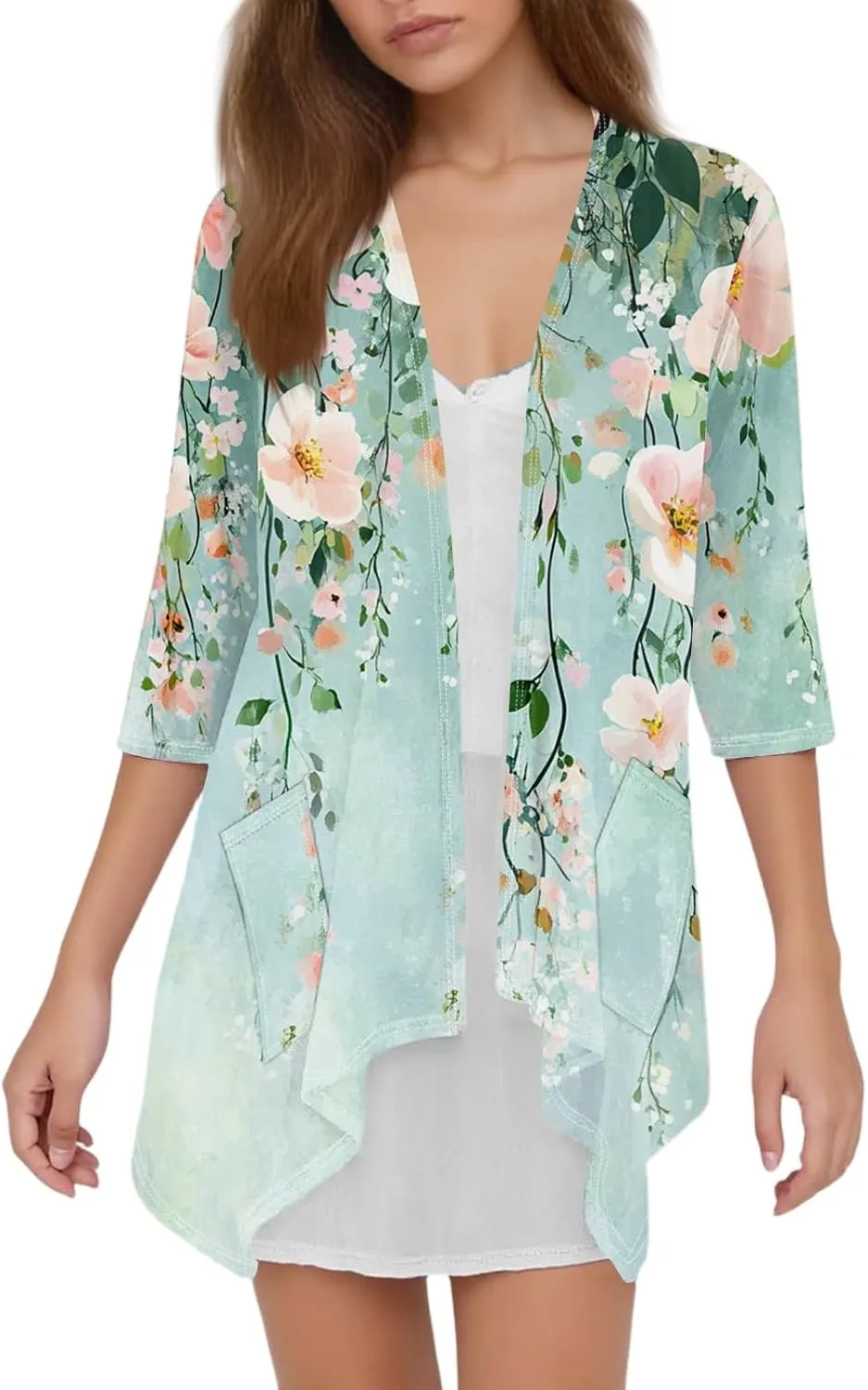 3/4 Sleeve Cardigan for Women Summer Beach Vacation Clothes Womens Lightweight Cardigans Hawaiian Floral Shirts