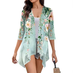3/4 Sleeve Cardigan for Women Summer Beach Vacation Clothes Womens Lightweight Cardigans Hawaiian Floral Shirts