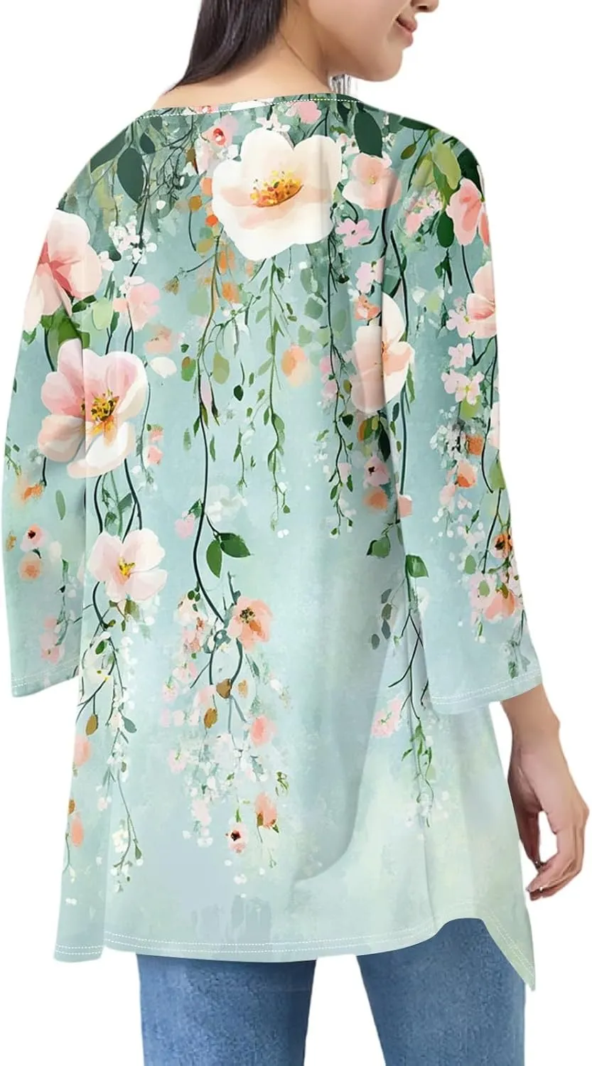 3/4 Sleeve Cardigan for Women Summer Beach Vacation Clothes Womens Lightweight Cardigans Hawaiian Floral Shirts
