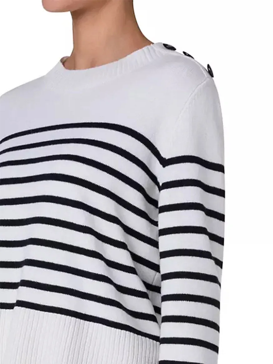 Akris Punto Striped Crew Sweater With Snap Shoulder in Cream/Black