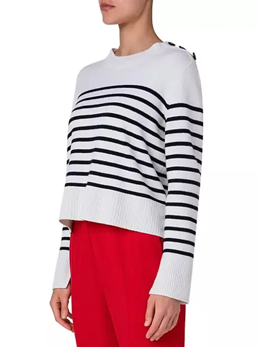 Akris Punto Striped Crew Sweater With Snap Shoulder in Cream/Black