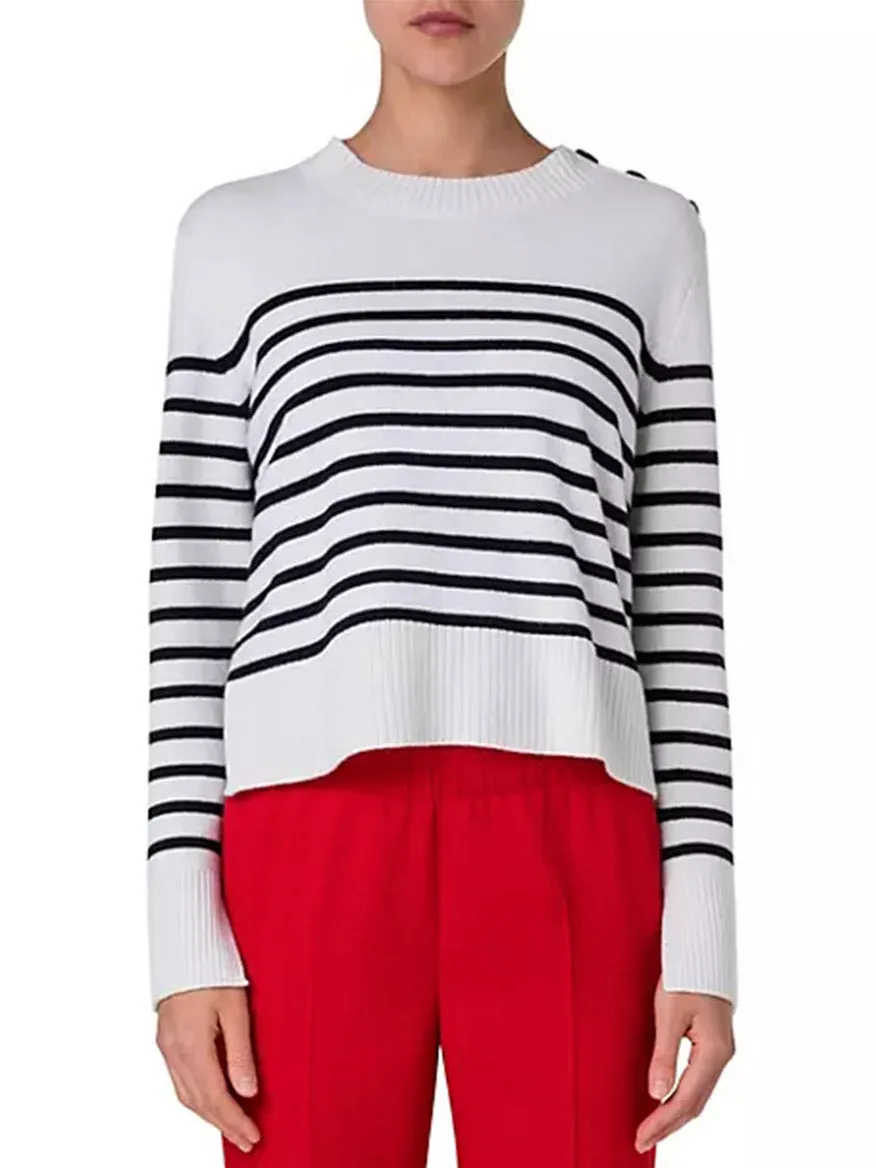 Akris Punto Striped Crew Sweater With Snap Shoulder in Cream/Black
