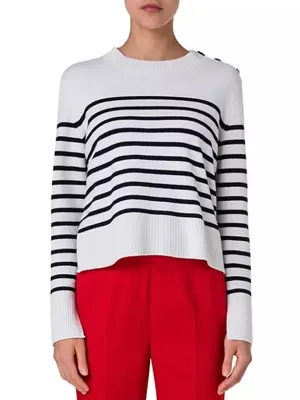 Akris Punto Striped Crew Sweater With Snap Shoulder in Cream/Black