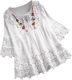 Boho 3/4 Length Sleeve Womens Tops Floral Embroidered Lace Top V Neck Shirt Cotton Linen Summer Shirts 2025