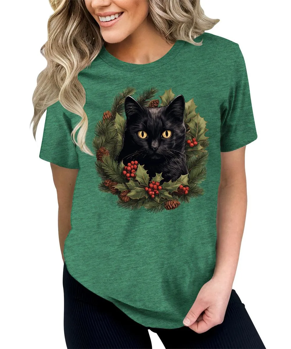 Cat Shirt Christmas Wreath Tshirt Plus Size Holiday Graphic Tees
