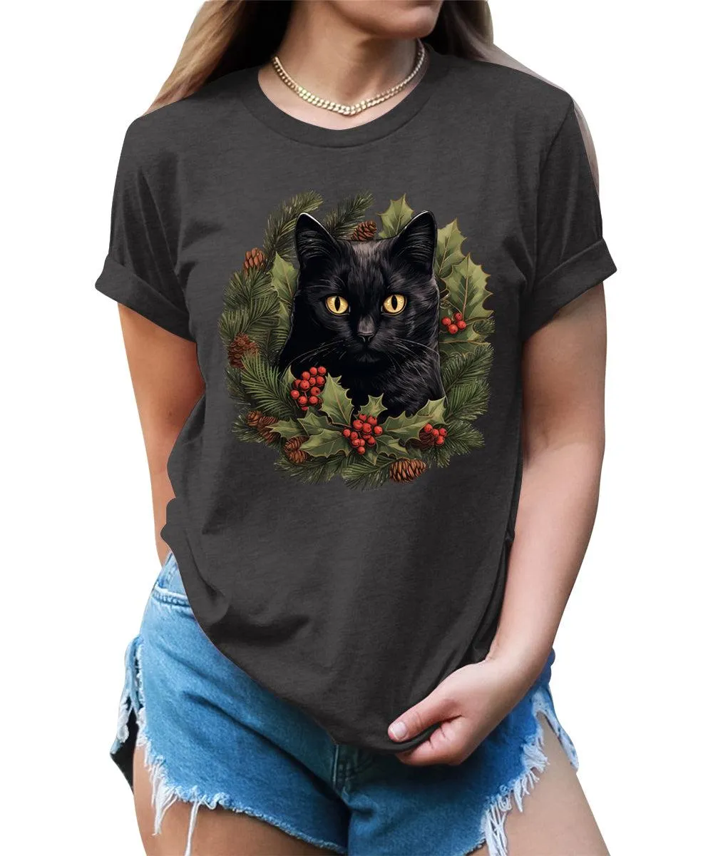 Cat Shirt Christmas Wreath Tshirt Plus Size Holiday Graphic Tees