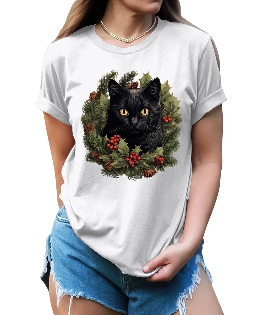 Cat Shirt Christmas Wreath Tshirt Plus Size Holiday Graphic Tees