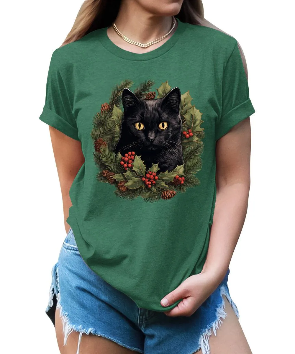 Cat Shirt Christmas Wreath Tshirt Plus Size Holiday Graphic Tees