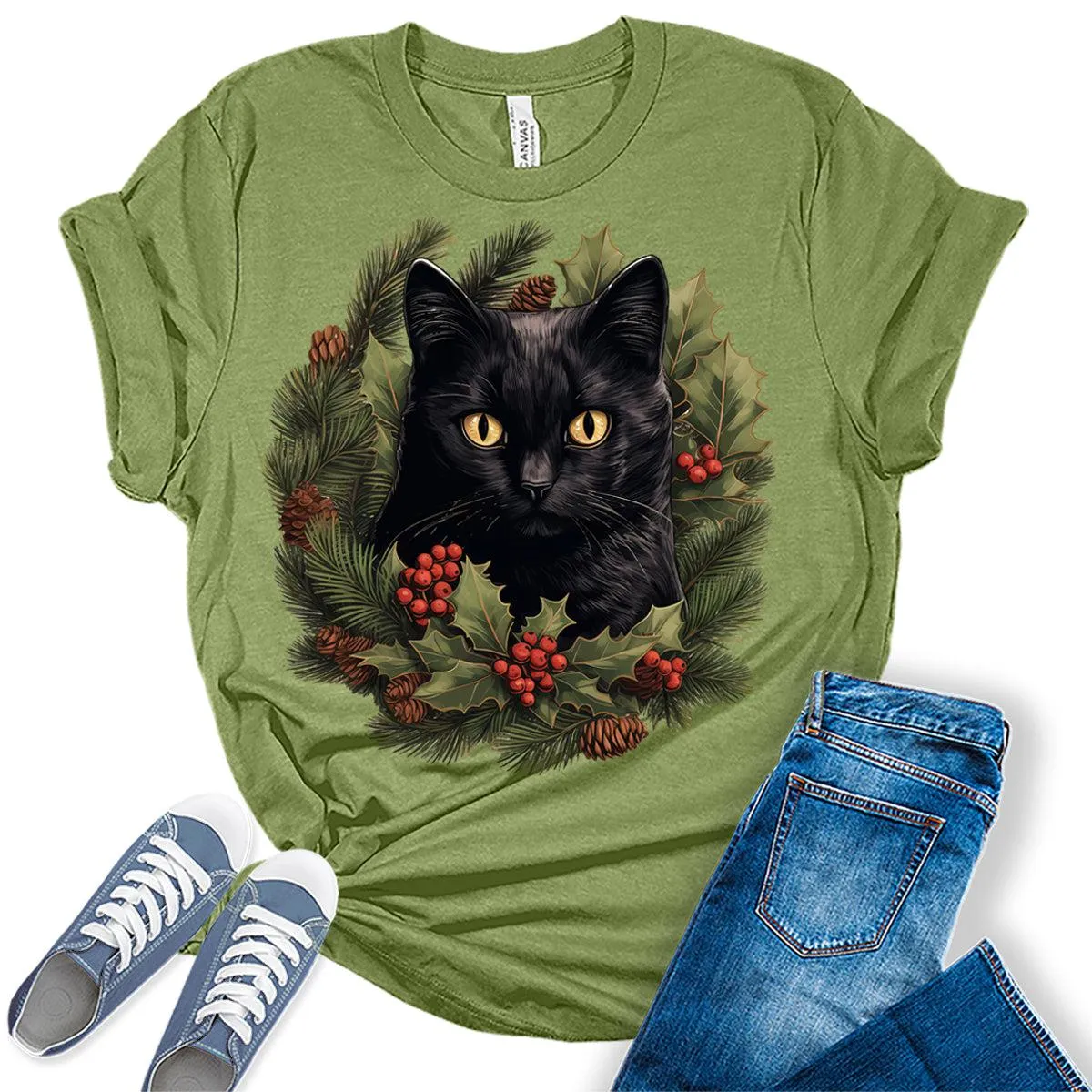 Cat Shirt Christmas Wreath Tshirt Plus Size Holiday Graphic Tees