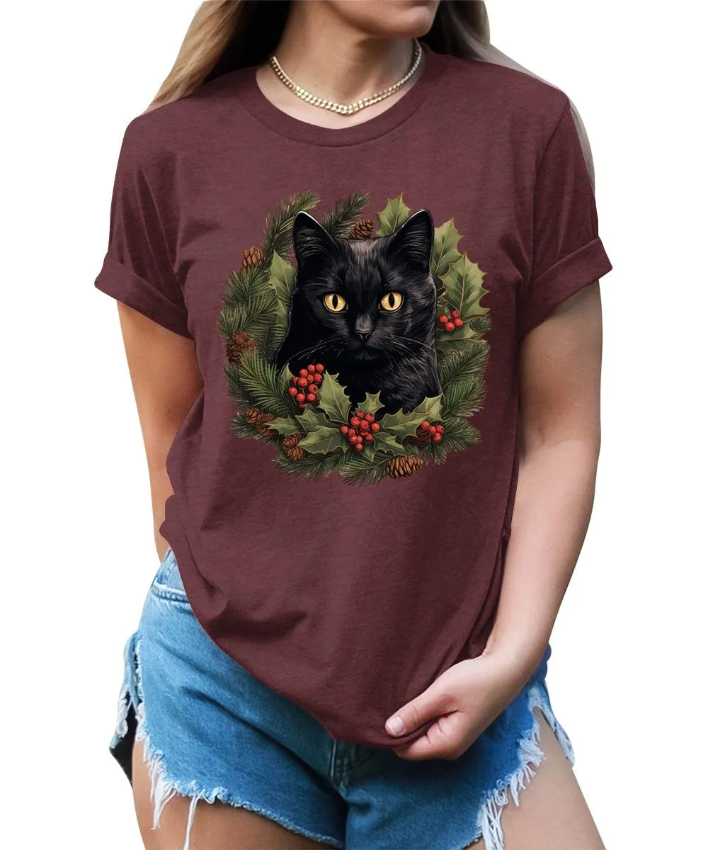 Cat Shirt Christmas Wreath Tshirt Plus Size Holiday Graphic Tees