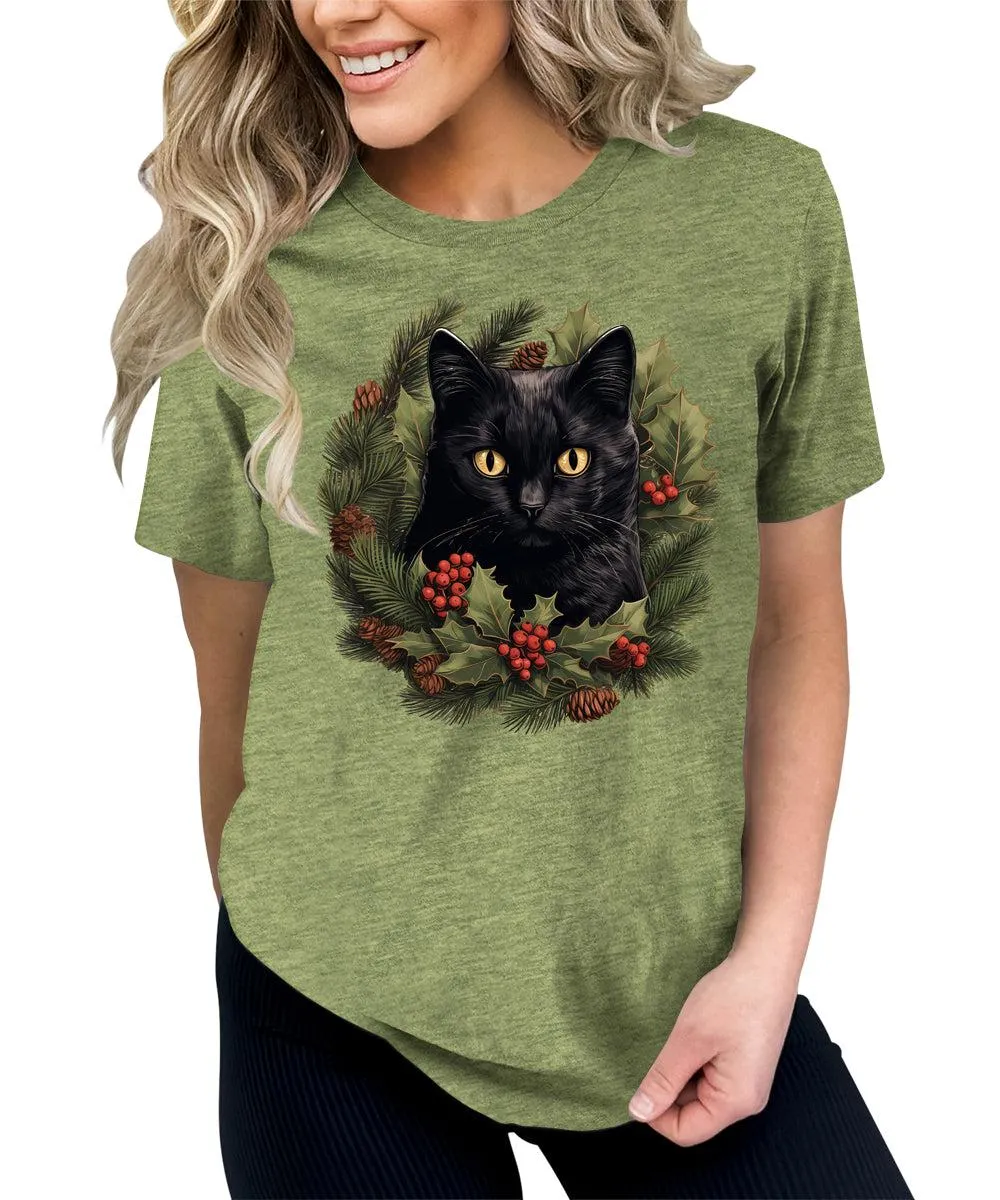 Cat Shirt Christmas Wreath Tshirt Plus Size Holiday Graphic Tees