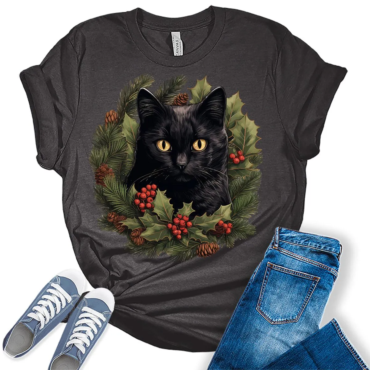 Cat Shirt Christmas Wreath Tshirt Plus Size Holiday Graphic Tees