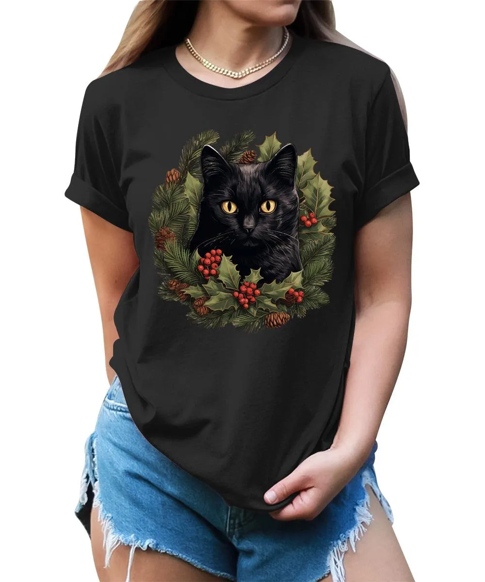 Cat Shirt Christmas Wreath Tshirt Plus Size Holiday Graphic Tees