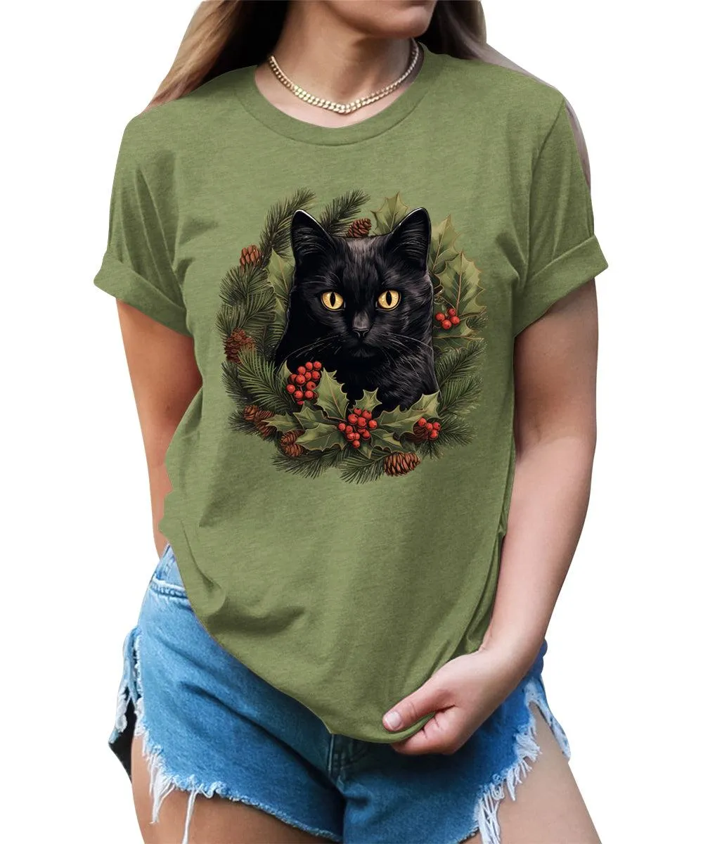 Cat Shirt Christmas Wreath Tshirt Plus Size Holiday Graphic Tees