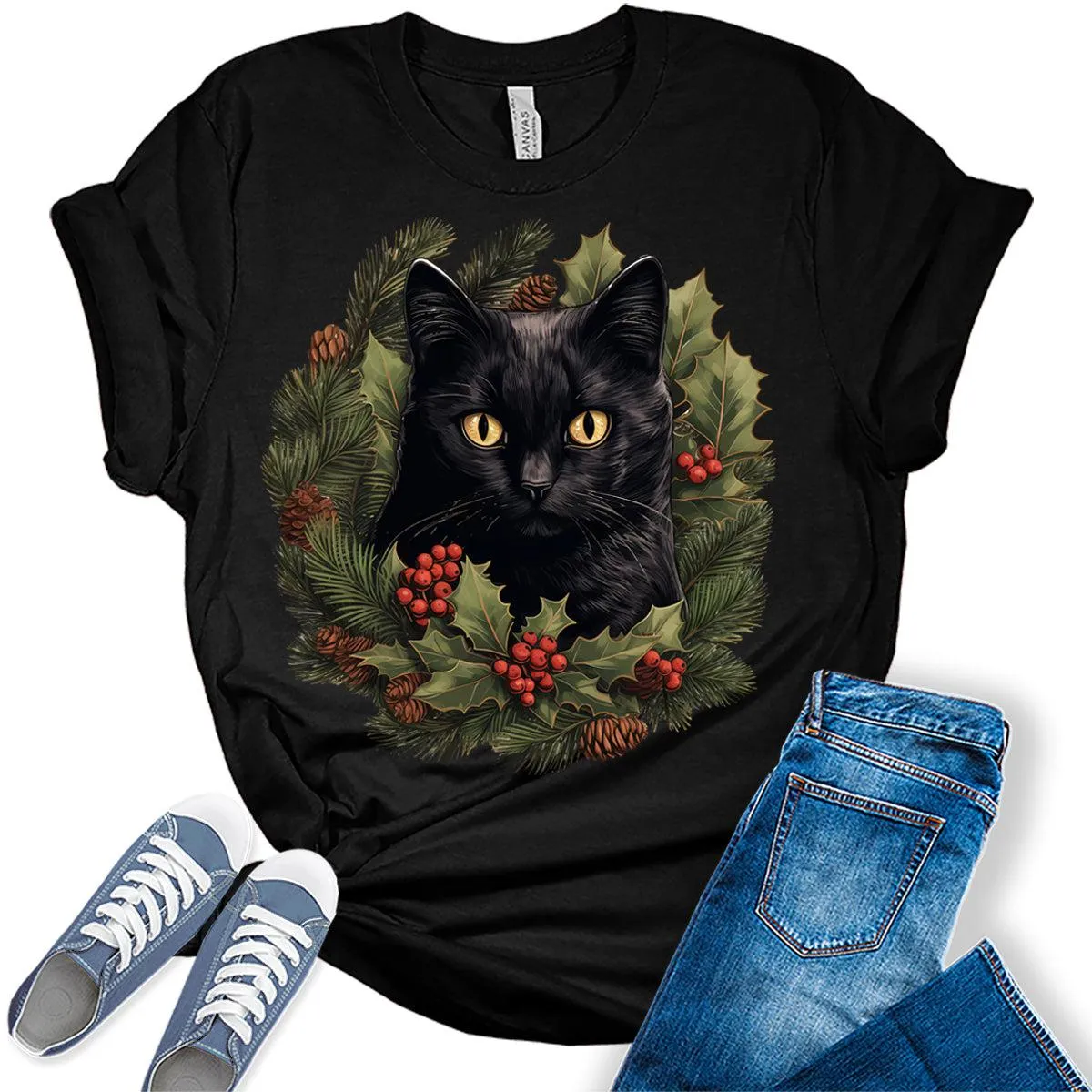Cat Shirt Christmas Wreath Tshirt Plus Size Holiday Graphic Tees