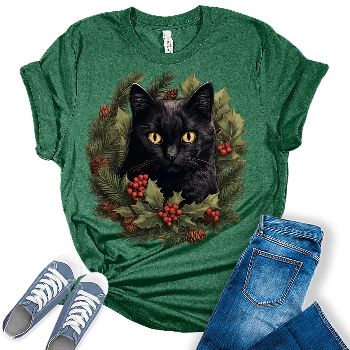 Cat Shirt Christmas Wreath Tshirt Plus Size Holiday Graphic Tees