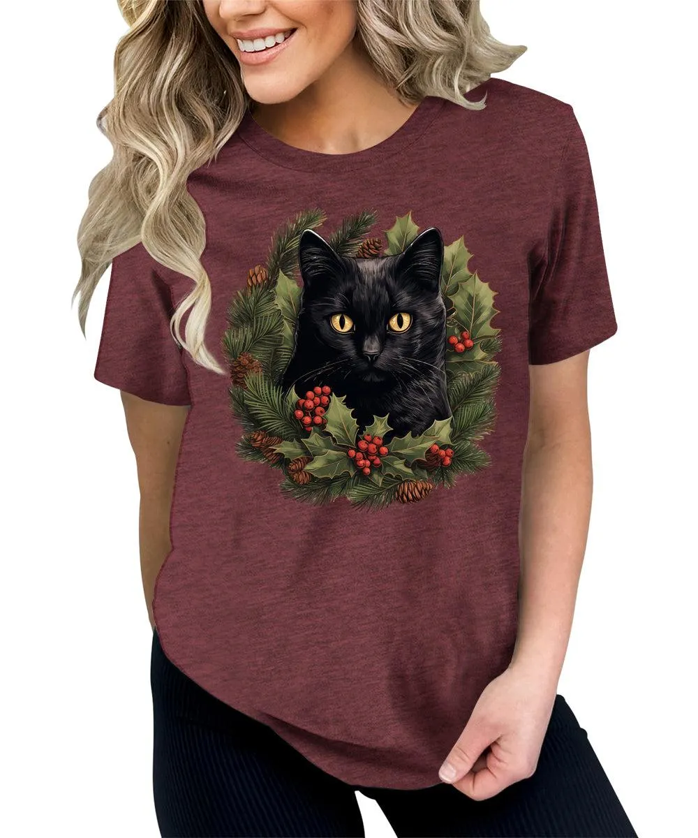 Cat Shirt Christmas Wreath Tshirt Plus Size Holiday Graphic Tees