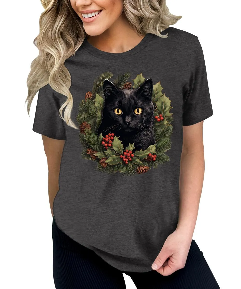 Cat Shirt Christmas Wreath Tshirt Plus Size Holiday Graphic Tees