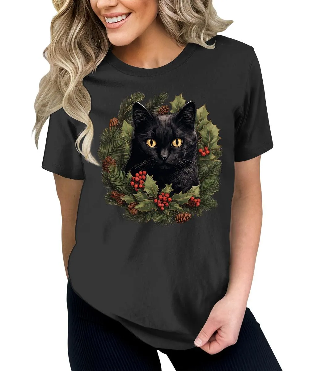 Cat Shirt Christmas Wreath Tshirt Plus Size Holiday Graphic Tees