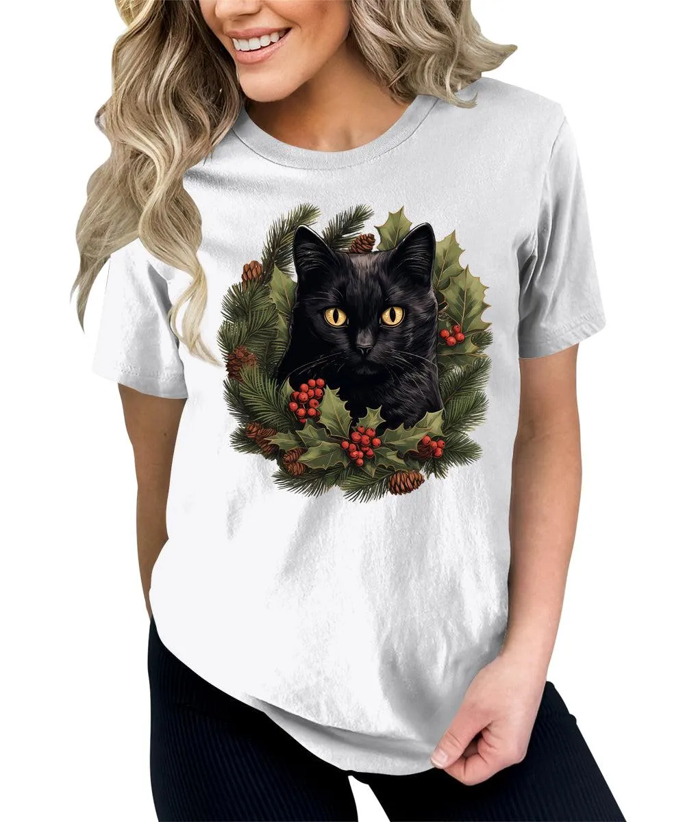 Cat Shirt Christmas Wreath Tshirt Plus Size Holiday Graphic Tees
