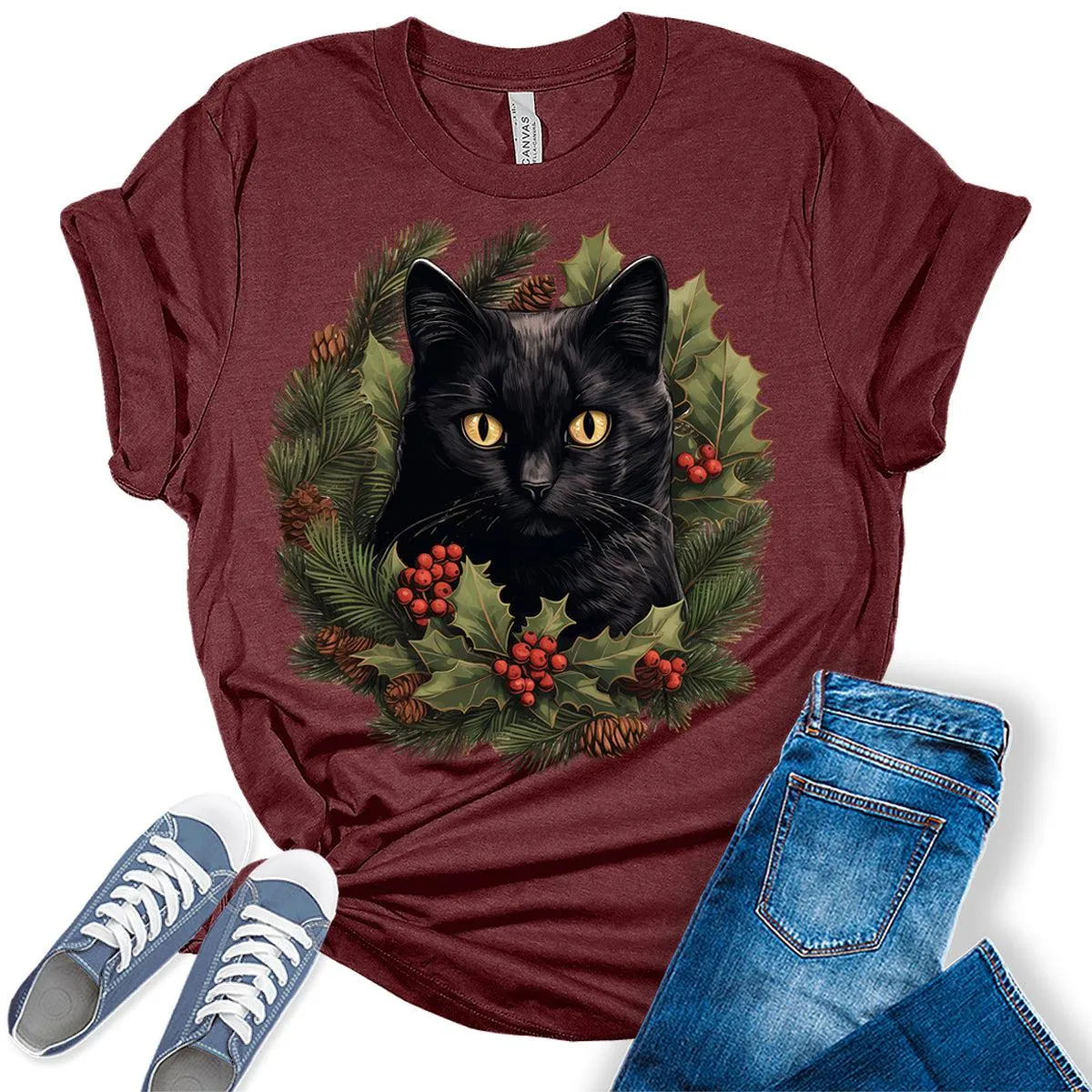 Cat Shirt Christmas Wreath Tshirt Plus Size Holiday Graphic Tees