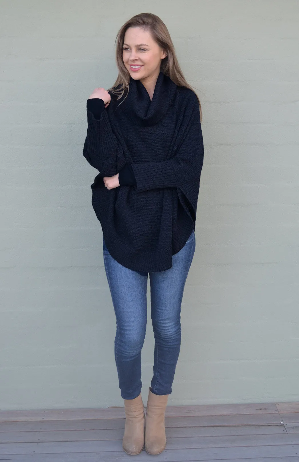 Classic Knitted Cowl Neck Poncho with Sleeves