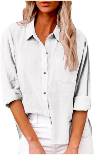 Firzero Womens Tunic Tops Dressy Casual Button Down Shirts Summer Long Sleeve Cotton Linen Blouse Plus Size V Neck Tops