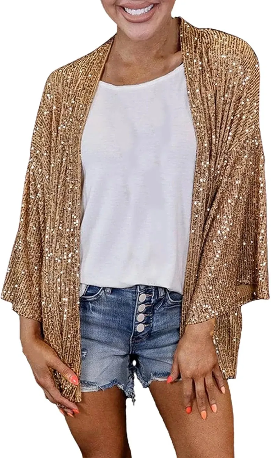 Lightweight Cardigans for Women 2024 Summer Loose Fit Long Sleeve Sequin Cardigan Solid Color Casual Blouses