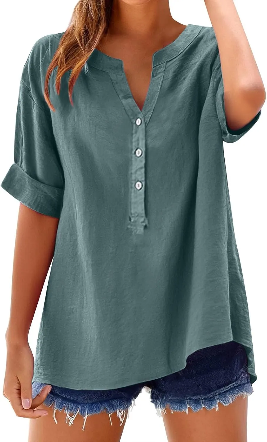 Linen Shirts for Women Breathable Tops Women's Loose Cotton Linen Blouses Womens 3/4 Length Sleeve Ladies Hemp Clothes