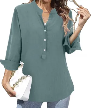 Linen Shirts for Women Breathable Tops Women's Loose Cotton Linen Blouses Womens 3/4 Length Sleeve Ladies Hemp Clothes