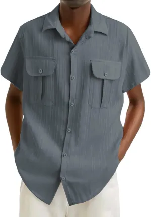 Men's Cotton Linen Short Sleeve Shirts Summer Button Down Loose Shirt Lightweight Wrinkle Beach Tops Vacation 2025