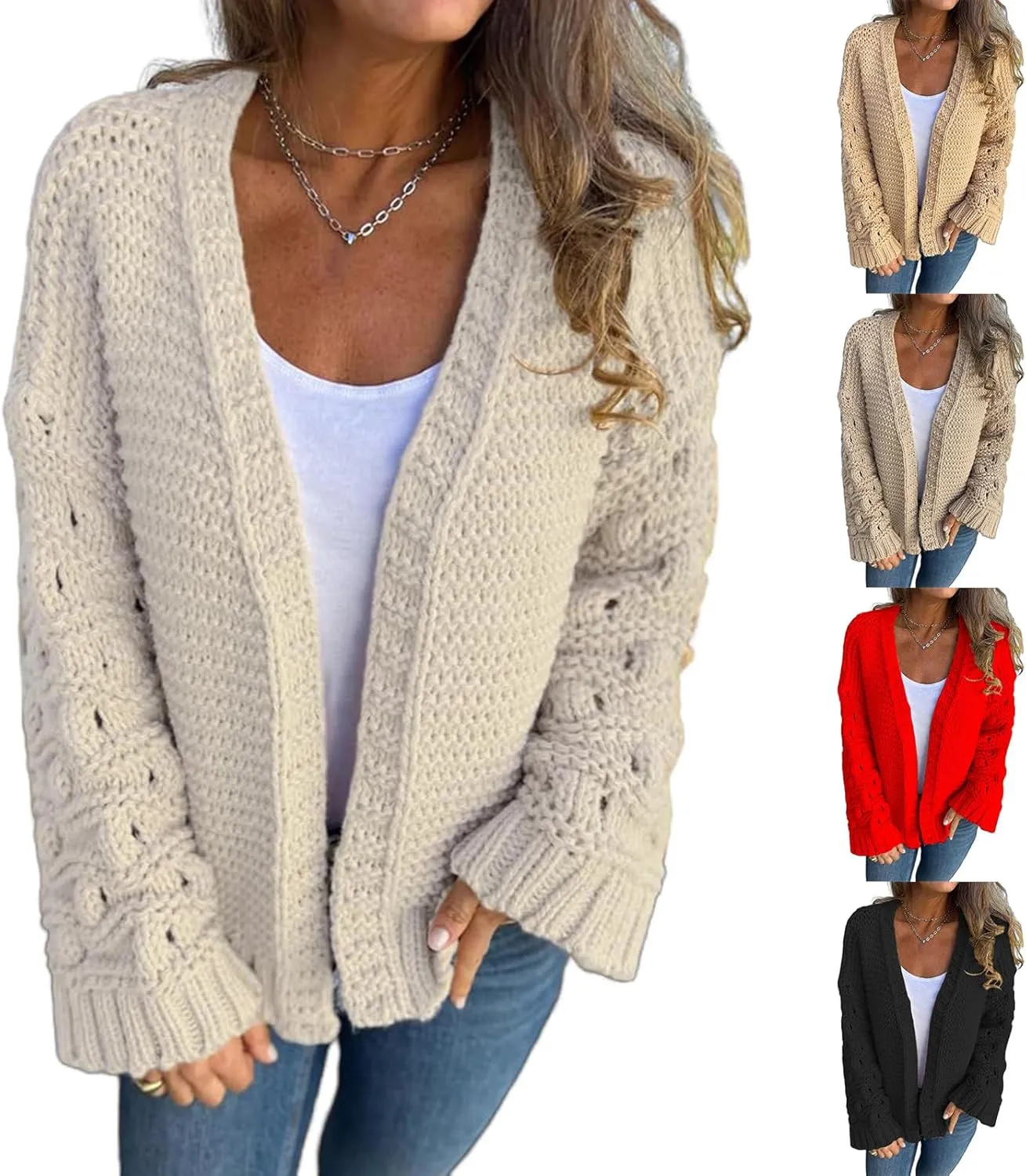 Open Front Cardigan for Women Long Sleeve Chunky Cable Knitted Sweaters Casual Loose Jumpers Warm Coats Outwear