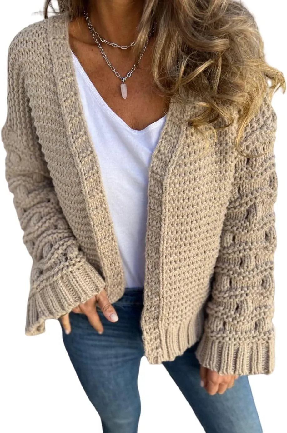 Open Front Cardigan for Women Long Sleeve Chunky Cable Knitted Sweaters Casual Loose Jumpers Warm Coats Outwear