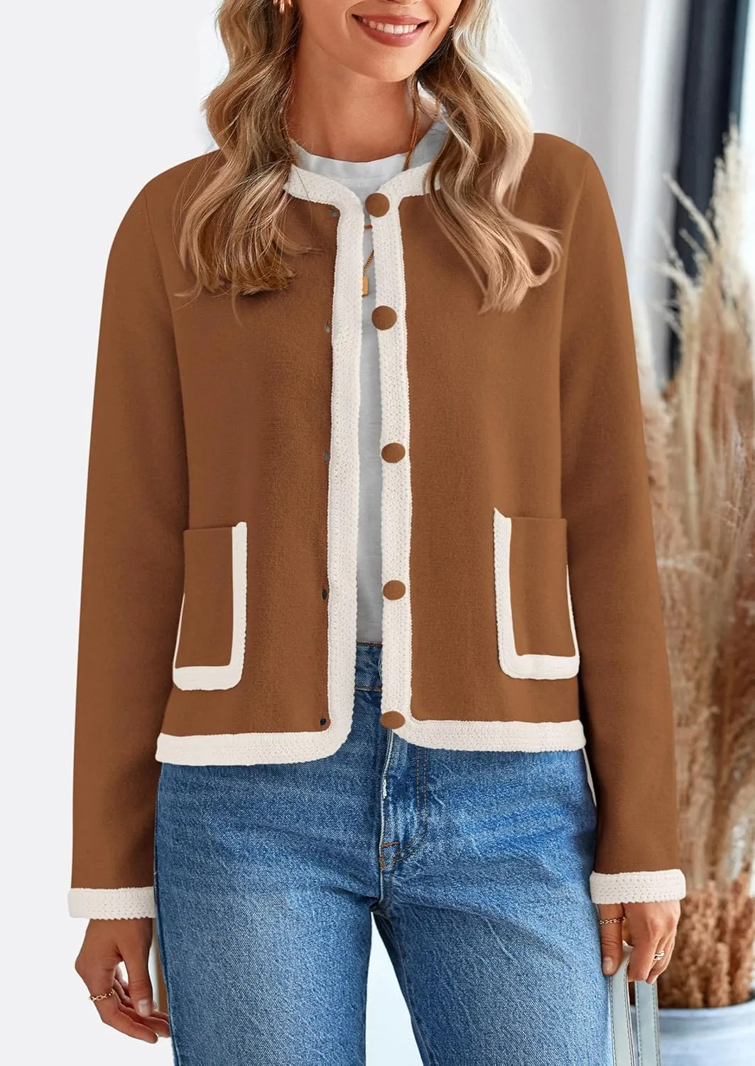 PRETTYGARDEN Women's Winter Trendy Button Down Open Front Cardigan Sweaters Knit Color Block Jackets Fall Fashion Clothes