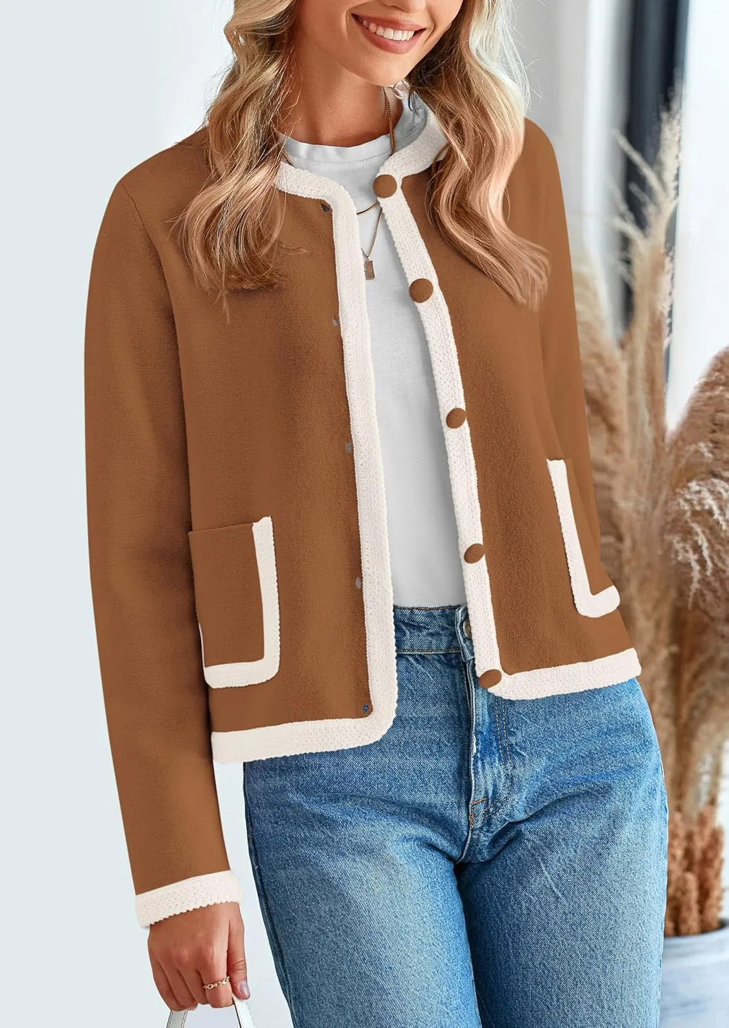 PRETTYGARDEN Women's Winter Trendy Button Down Open Front Cardigan Sweaters Knit Color Block Jackets Fall Fashion Clothes