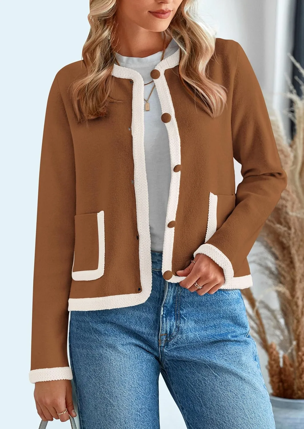 PRETTYGARDEN Women's Winter Trendy Button Down Open Front Cardigan Sweaters Knit Color Block Jackets Fall Fashion Clothes