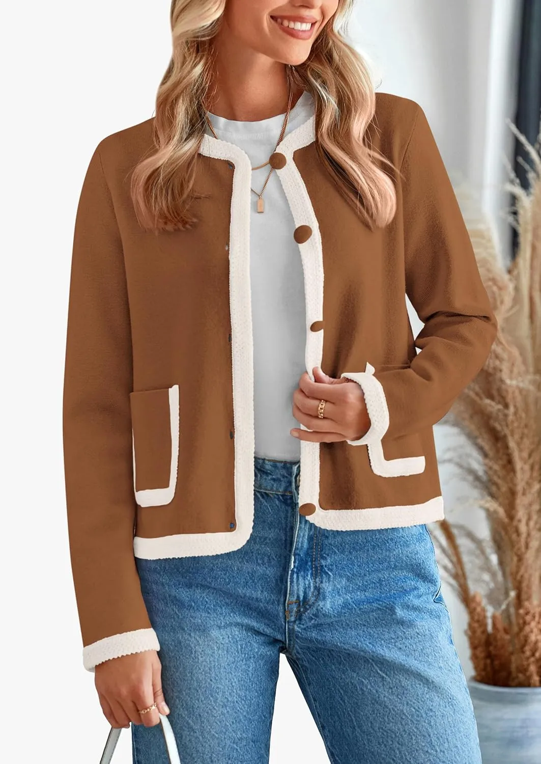 PRETTYGARDEN Women's Winter Trendy Button Down Open Front Cardigan Sweaters Knit Color Block Jackets Fall Fashion Clothes