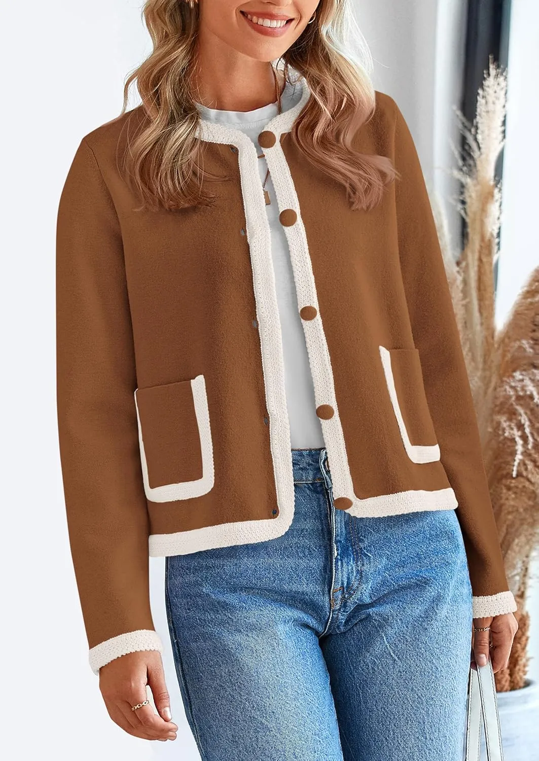 PRETTYGARDEN Women's Winter Trendy Button Down Open Front Cardigan Sweaters Knit Color Block Jackets Fall Fashion Clothes