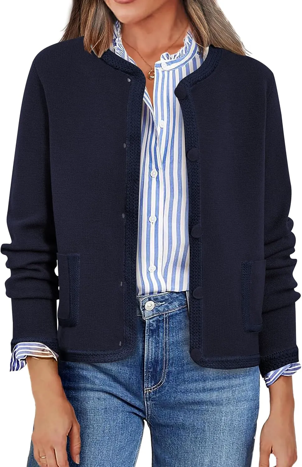 PRETTYGARDEN Women's Winter Trendy Button Down Open Front Cardigan Sweaters Knit Color Block Jackets Fall Fashion Clothes