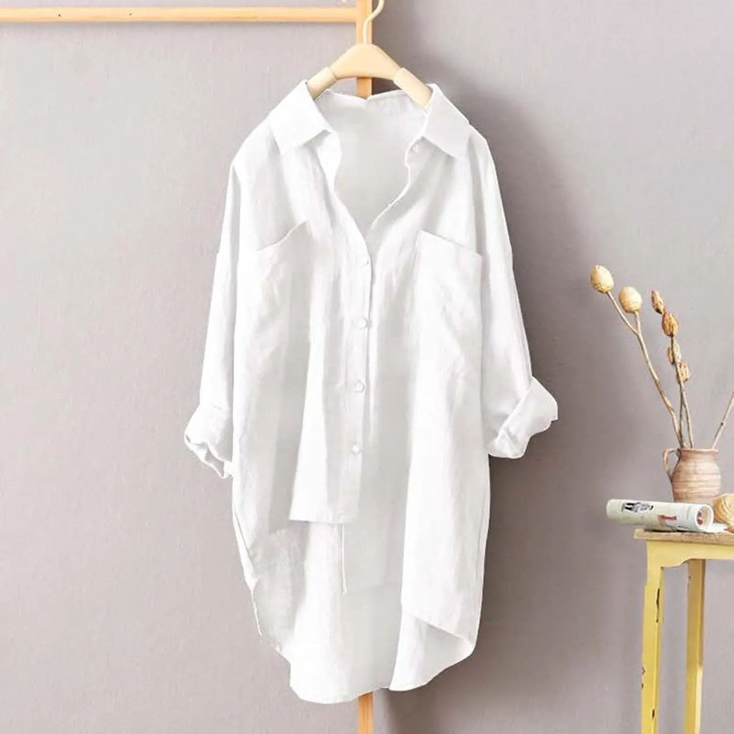 Solid Linen Blouses for Women Long Sleeve High Low Hem Button Down Shirt Oversized Tunic Tops Beach Cover Up Cardigan