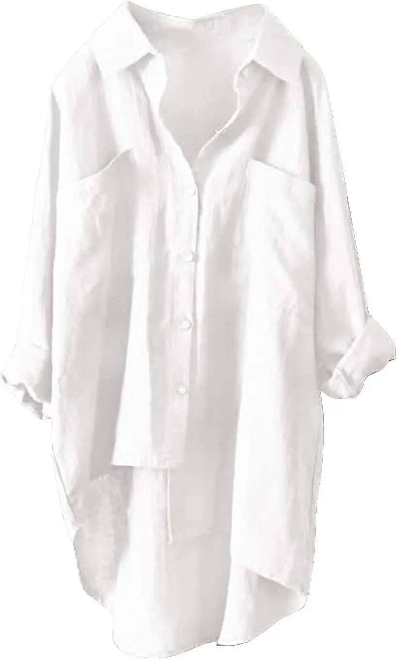 Solid Linen Blouses for Women Long Sleeve High Low Hem Button Down Shirt Oversized Tunic Tops Beach Cover Up Cardigan