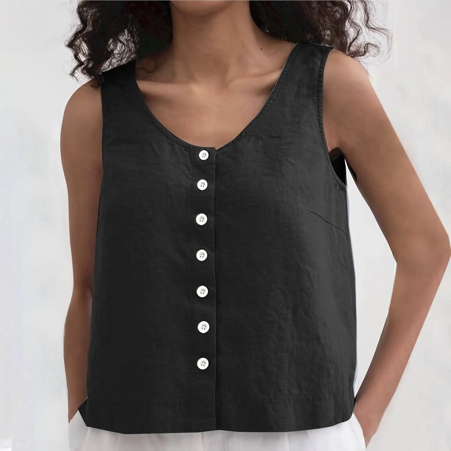 Summer Cotton Linen Tank Tops Women Sleeveless Round Neck Tees Shirts Elegant Solid Color Front Button Comfy Blouses