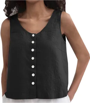 Summer Cotton Linen Tank Tops Women Sleeveless Round Neck Tees Shirts Elegant Solid Color Front Button Comfy Blouses