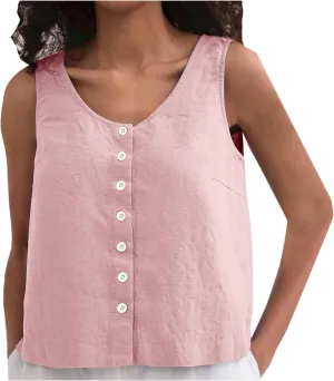 Summer Cotton Linen Tank Tops Women Sleeveless Round Neck Tees Shirts Elegant Solid Color Front Button Comfy Blouses