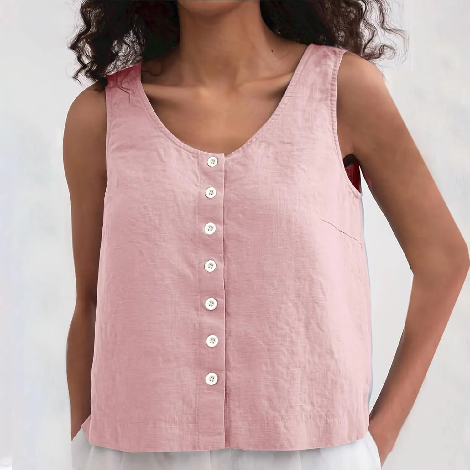 Summer Cotton Linen Tank Tops Women Sleeveless Round Neck Tees Shirts Elegant Solid Color Front Button Comfy Blouses