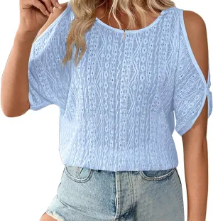 Summer Shirts for Women Off Shoulder Hollow Bat Sleeve Casual T Shirts Lightweight Breathable Street Tunic Tops 2025