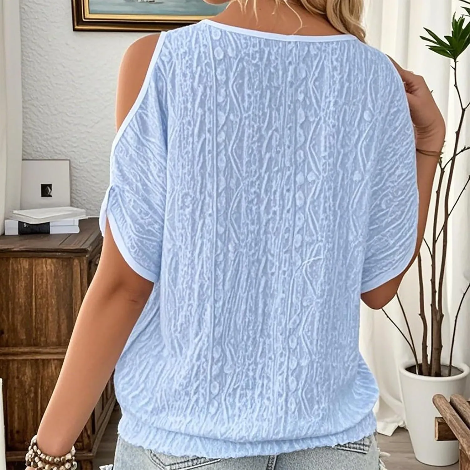Summer Shirts for Women Off Shoulder Hollow Bat Sleeve Casual T Shirts Lightweight Breathable Street Tunic Tops 2025