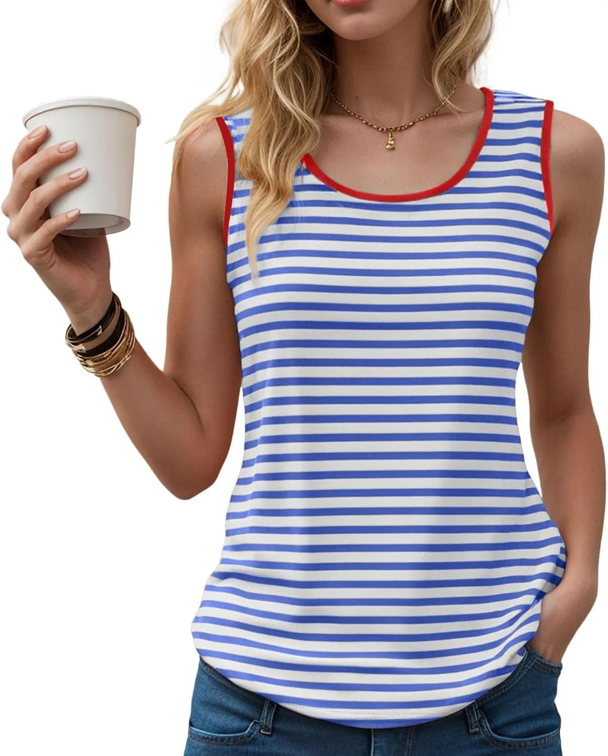 Summer Tank Tops for Women 2025 Striped Tank Top Sleeveless Scoop Neck Loose Fit Color Block Tops Fashion Clothes