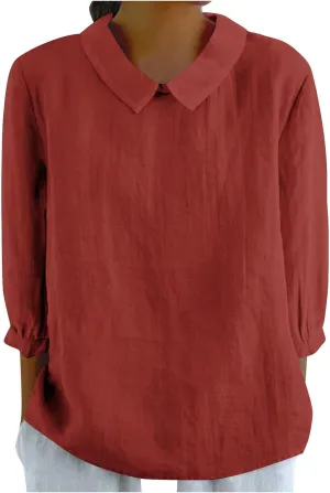 Summer Tops for Women 2025 Lightweight Linen Tee Shirt 3/4 Sleeve Lapel Gauze Blouses Loose Trendy Business Clothing