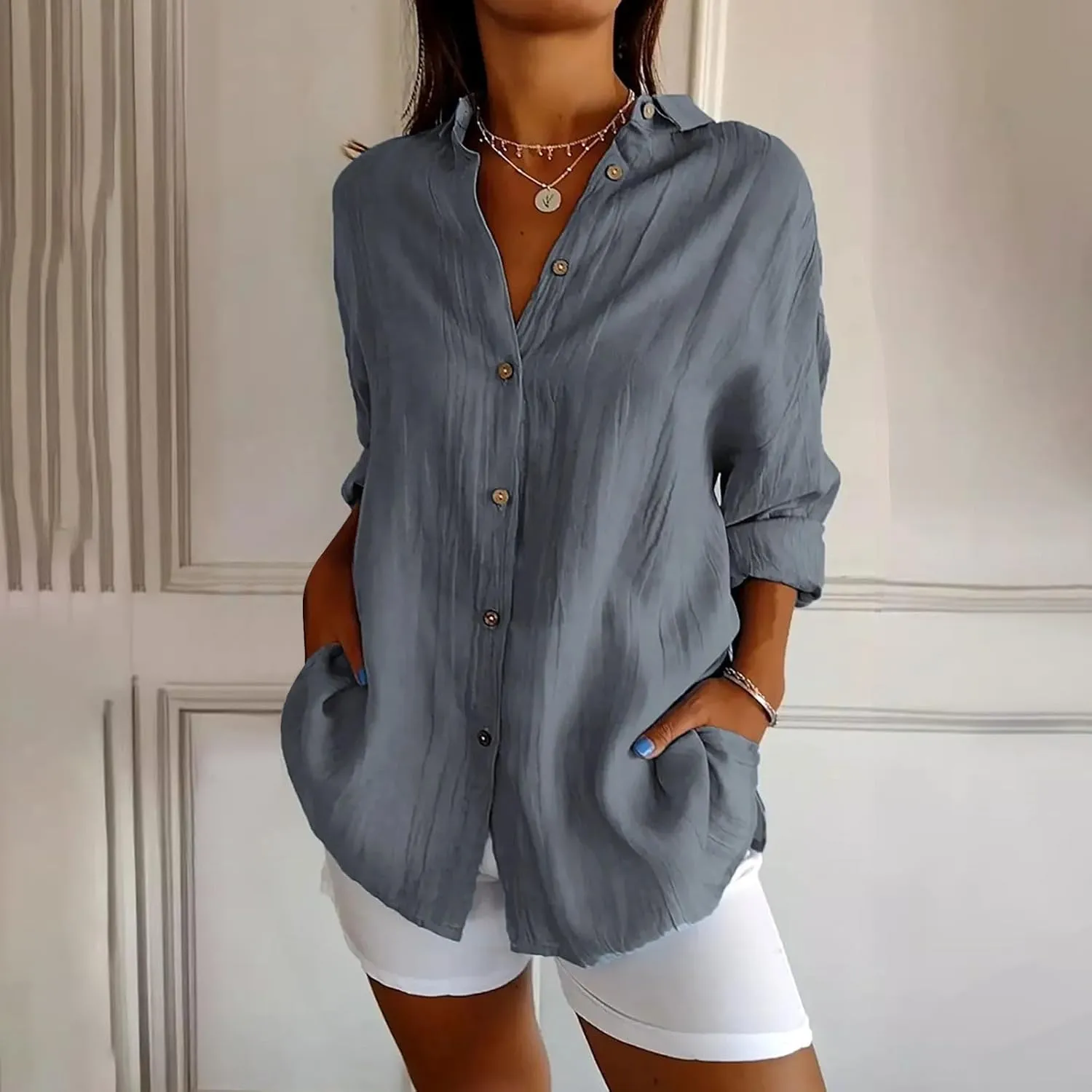 Summer Tops for Women 2025 Trendy 3/4 Length Sleeve Shirts Loose Fit Dressy Casual Blouses Lapel Button Down Shirts